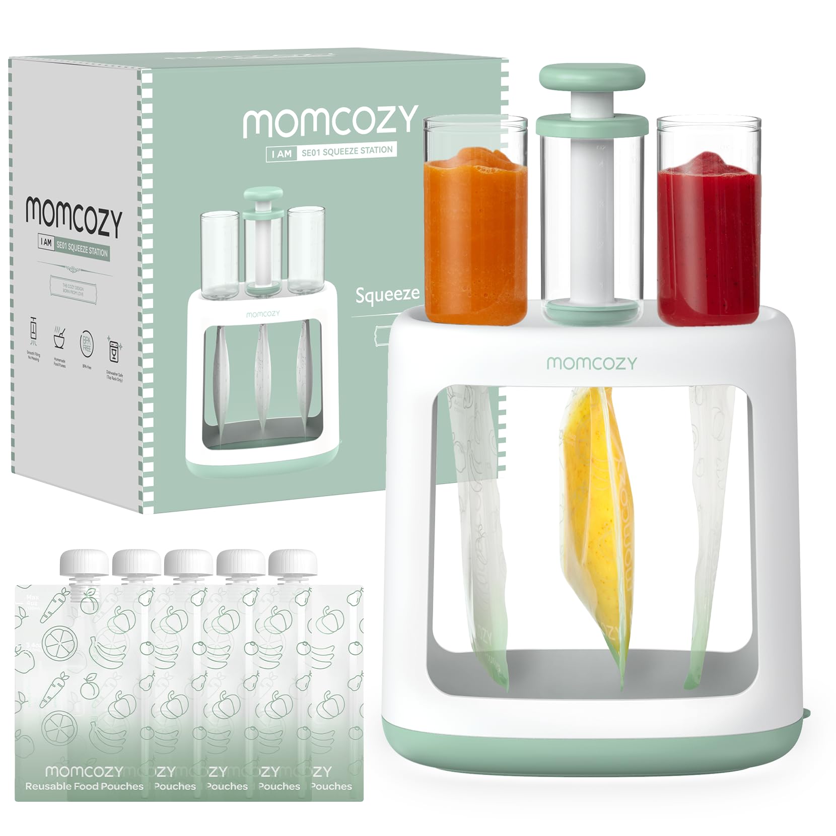 Momcozy Squeeze Station filling reusable baby food pouches on a kitchen counter