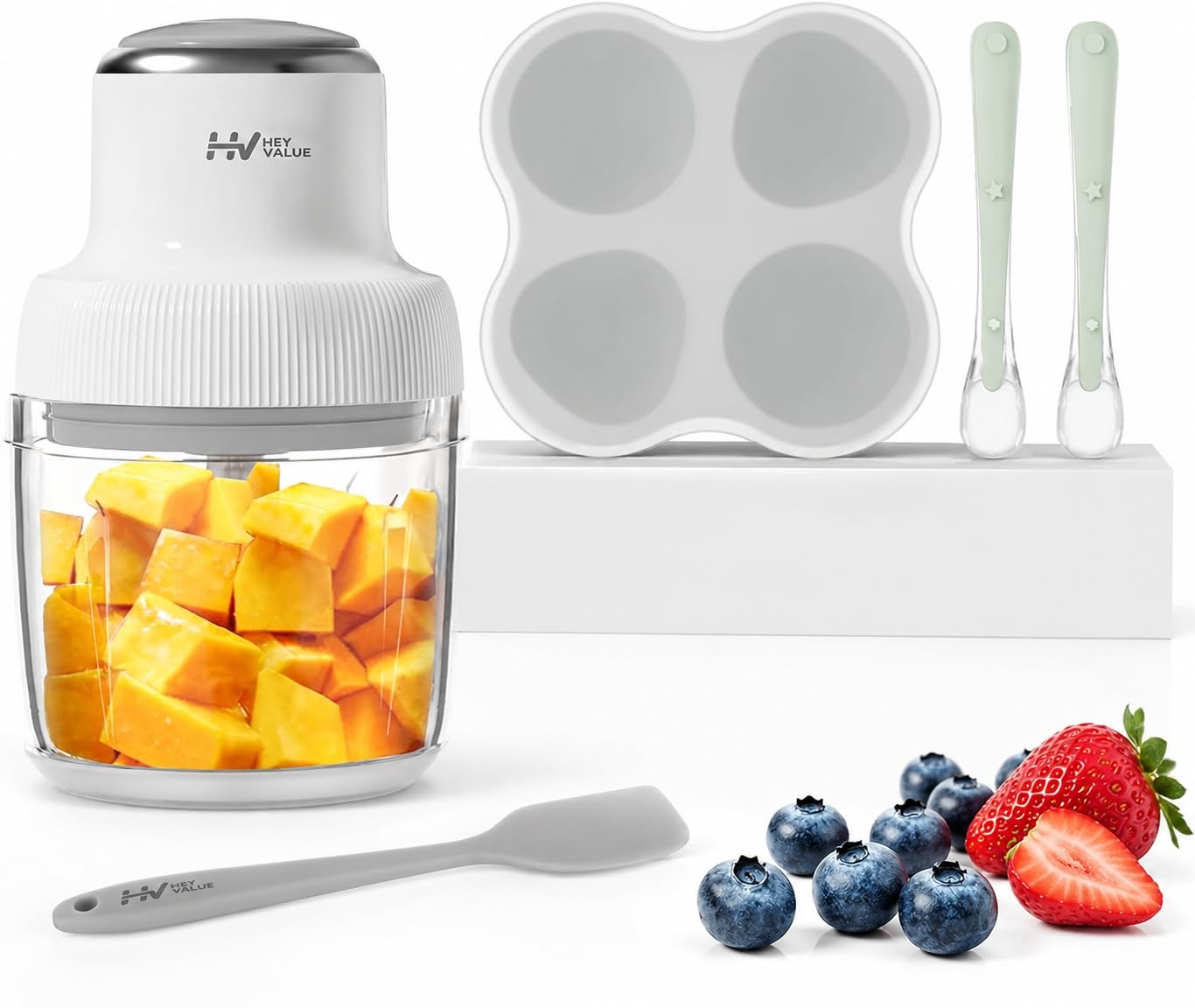 HEYVALUE glass baby food maker set with silicone spatula and freezer tray for comprehensive meal prep