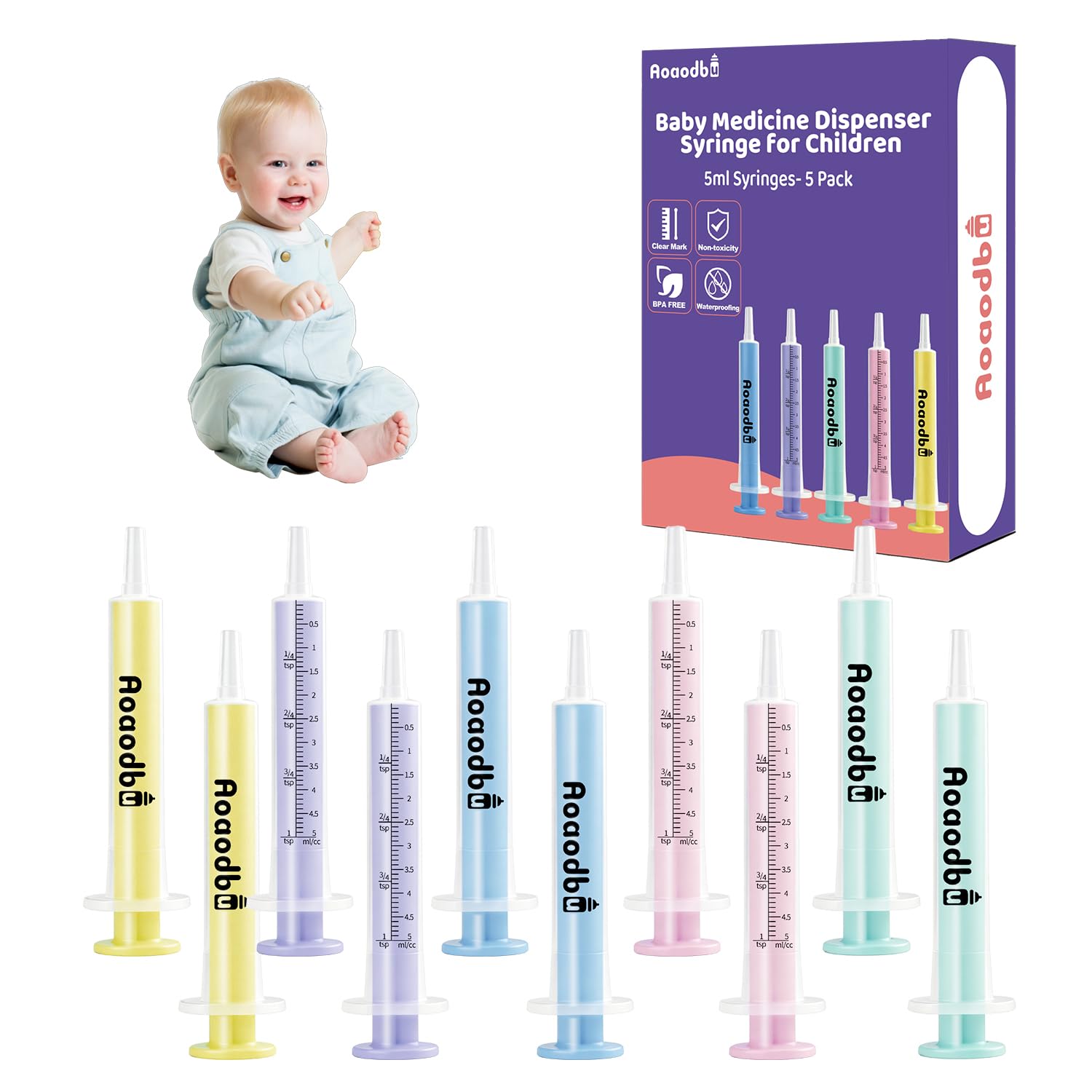 Aoaodbu 10-pack colorful 5ml oral syringes for baby medicine dispensing